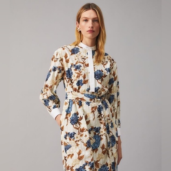 Tory Burch XS Floral Print Tunic Midi Shirtdress Long Sleeves Belted Cotton - Picture 5 of 5